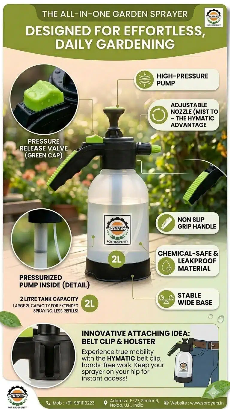 Infographic of a green-and-black 2L garden sprayer with labels highlighting features: pressure release valve, high‑pressure pump, adjustable nozzle, non‑slip grip handle, pressurized pump inside, chemical‑safe materials, stable wide base, and belt clip/holster.