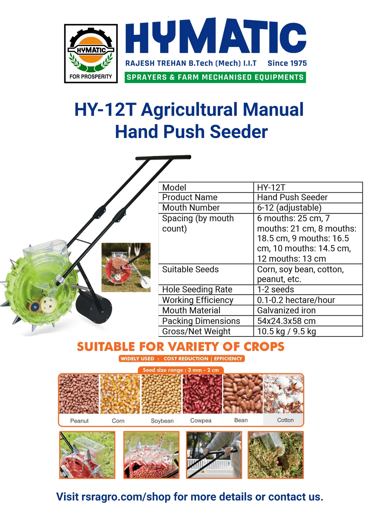 HY-12T Agricultural Manual Seeder | Hand Operated Seed Planter | 12 Adjustable Teeth | Uniform Seed Spacing for Maize, Corn, Beans, Peanut, Cotton & More