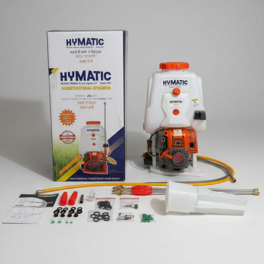 Hymatic 4 stroke power sprayer with accessories on a warehouse floor double suction double turbo hy-802dt