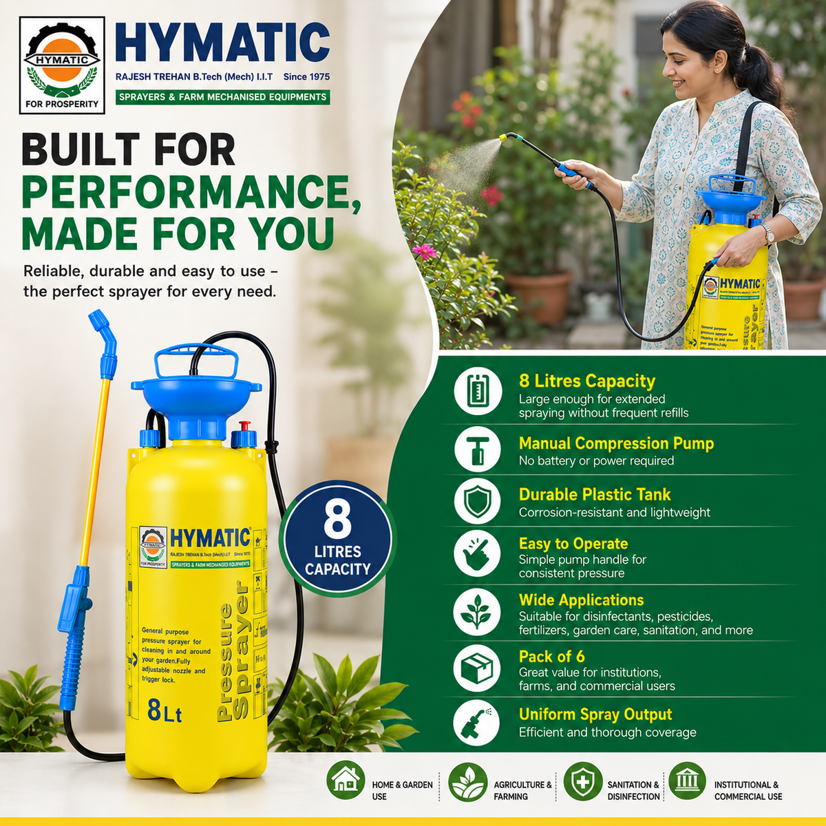 8 Litre Hand Compression Garden Sprayer (Pack of 6) | Plastic Tank Garden Sanitizer Sprayer