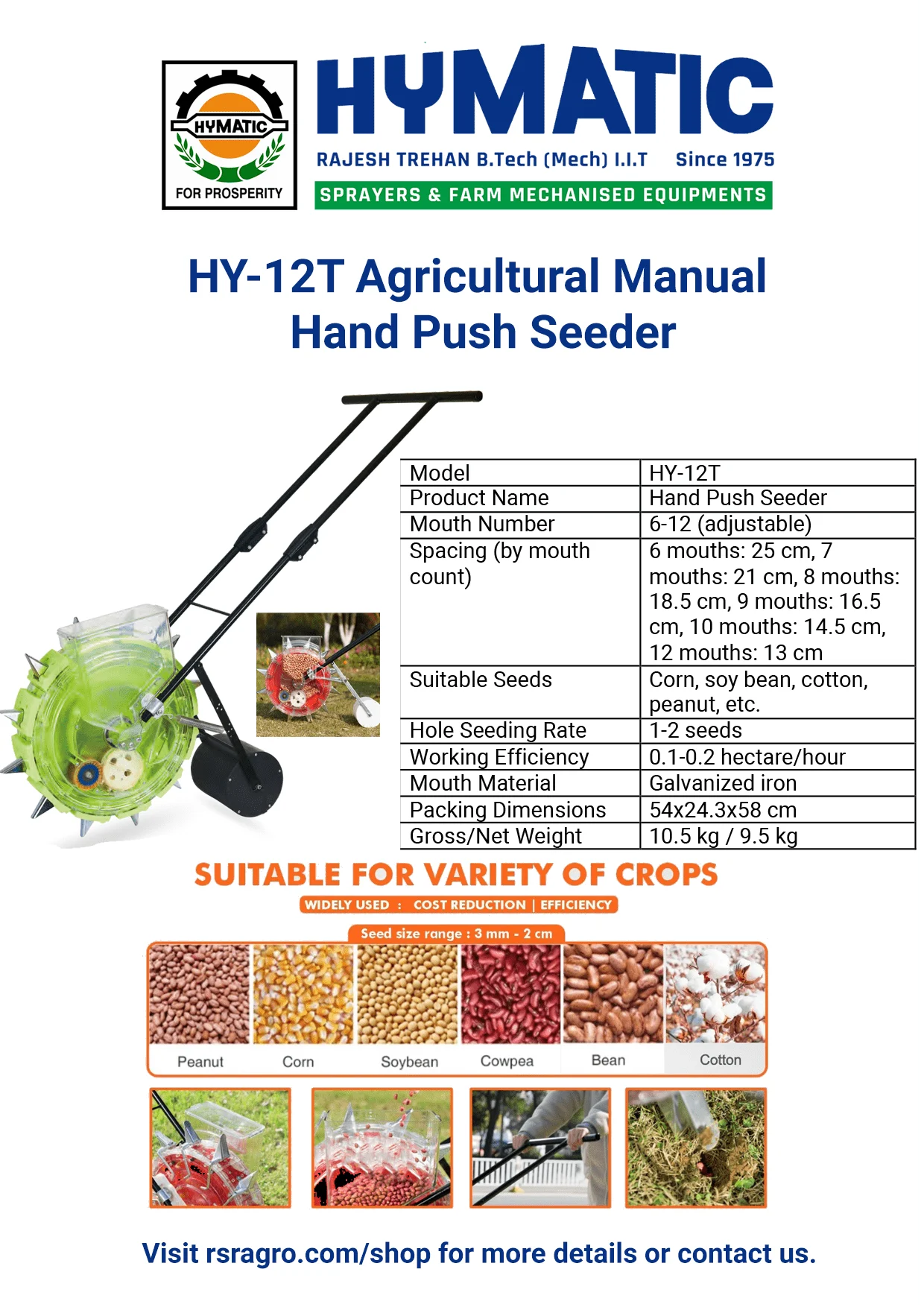HYMATIC HY-12T Agricultural Manual Seeder | Hand Operated Seed Planter | 12 Adjustable Teeth | Uniform Seed Spacing for Maize, Corn, Beans, Peanut, Cotton & More