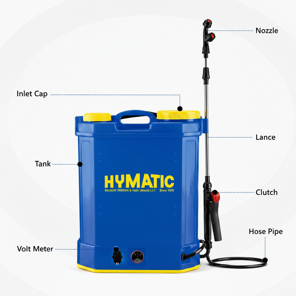 Blue Hymatic battery sprayer with labeled parts on a white background