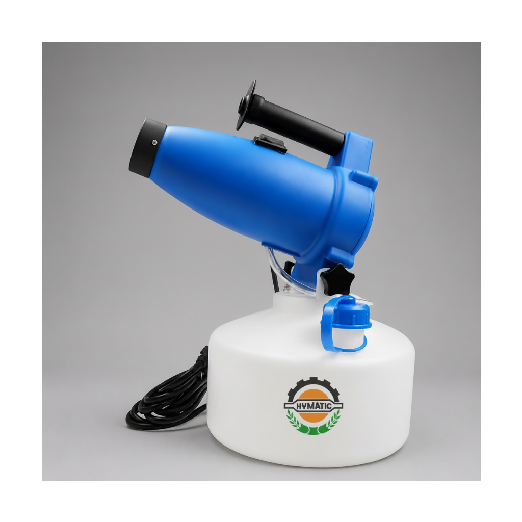 Blue and white sprayer with 'Hymatic' branding on a gray background
