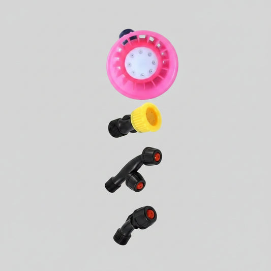 A set of garden sprinkler nozzles and a head for a hose, shown against a plain white background. The set includes a pink spray head with a white center, a yellow and black nozzle, and three black adjustable nozzles with red adjustment knobs.