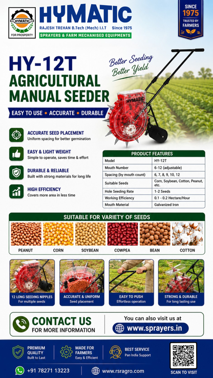 HY-12T Agricultural Manual Seeder | Hand Operated Seed Planter | 12 Adjustable Teeth | Uniform Seed Spacing for Maize, Corn, Beans, Peanut, Cotton & More
