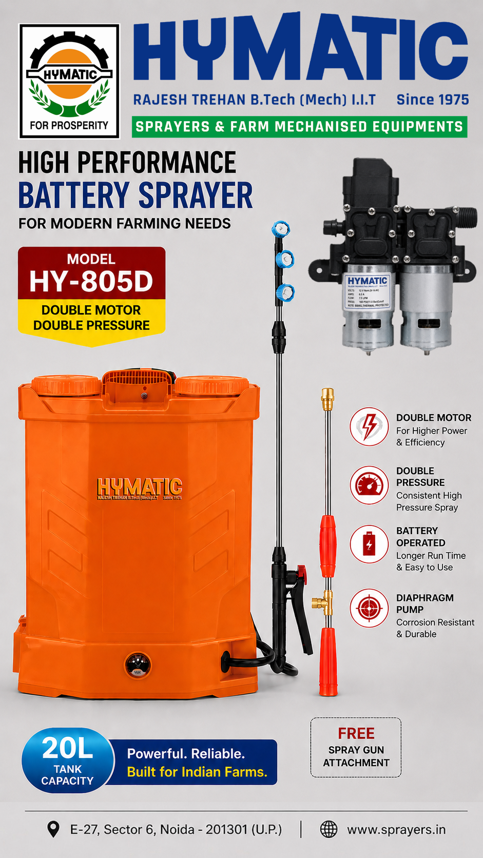 HY-805D Double Motor Battery Sprayer 12V 14AH | 20 Litre Tank Capacity | Agricultural High Pressure Spraying