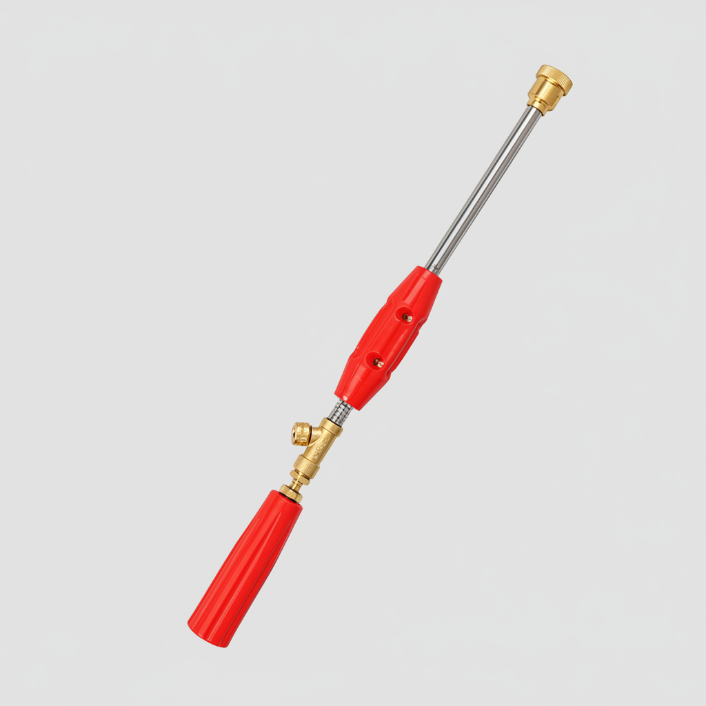 Red and gold pressure washer nozzle with images of it being used on a garden.