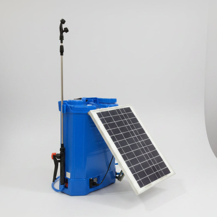 Hymatic Blue battery solar sprayer with a solar panel on a white background