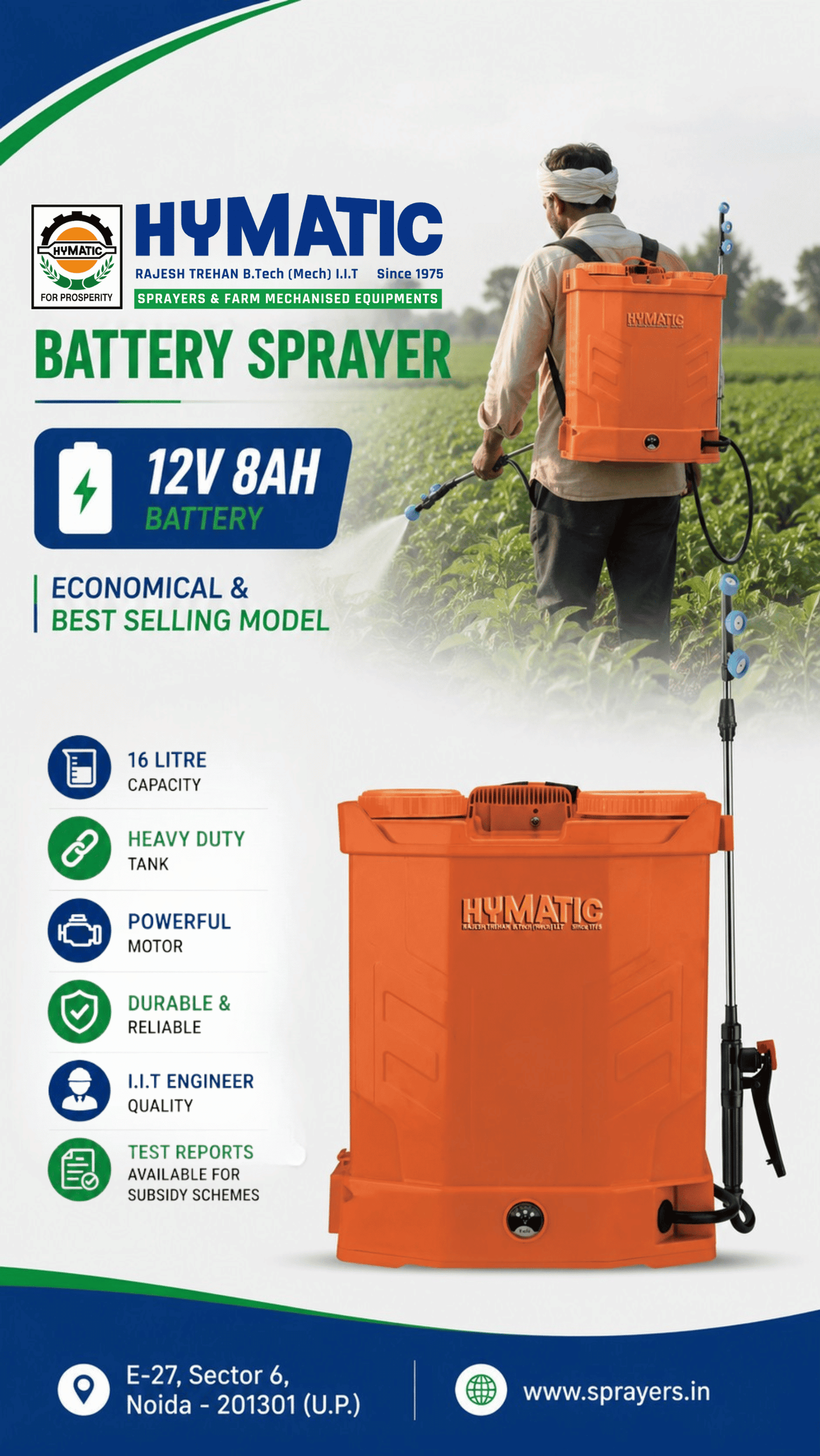HY-805 Battery Sprayer 16 Litre | 12V 8AH Rechargeable Knapsack Sprayer for Agriculture