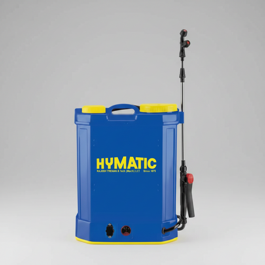Blue Hymatic battery sprayer with yellow accents on a white background
