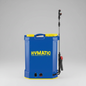 Blue Hymatic battery sprayer with yellow accents on a white background