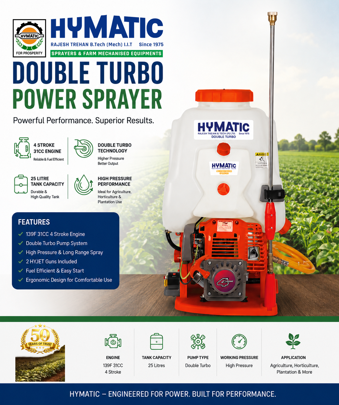 HY-802DT 4 Stroke Double Suction Double Turbo Agricultural Power Sprayer 25 Litre Capacity