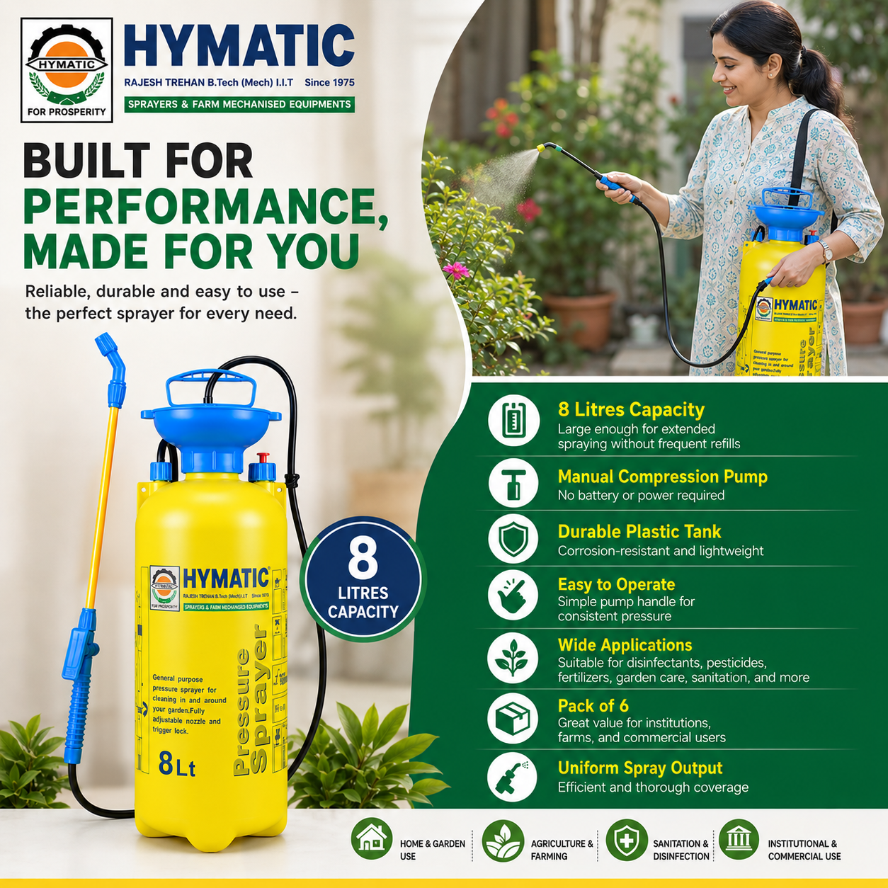 HYMATIC 8 Litre Hand Compression Garden Sprayer (Pack of 6) | Plastic Tank Garden Sanitizer Sprayer