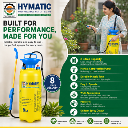 HYMATIC 8 Litre Hand Compression Garden Sprayer (Pack of 6) | Plastic Tank Garden Sanitizer Sprayer