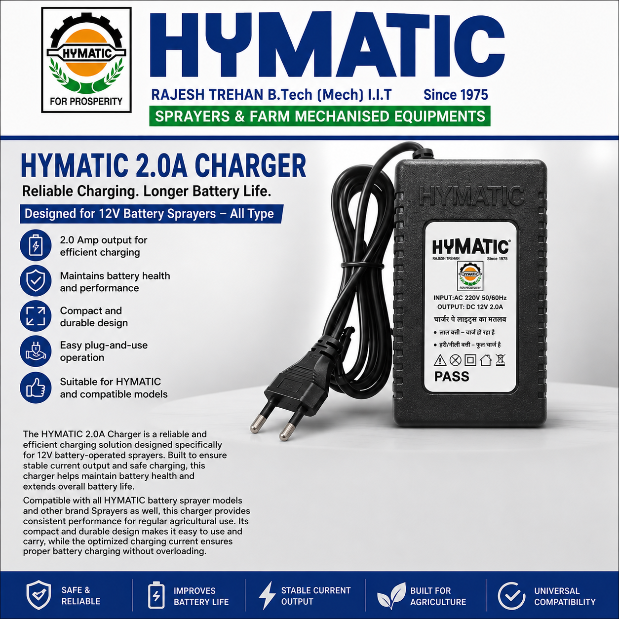 HYMATIC 2.0A Charger for Battery Sprayer | 12V Sprayer Charging Adapter