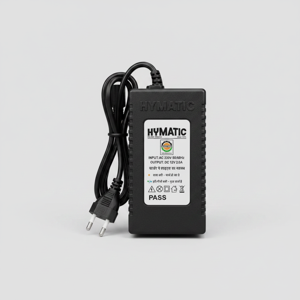 Hymatic charger for battery sprayer adapter with label on a gray background