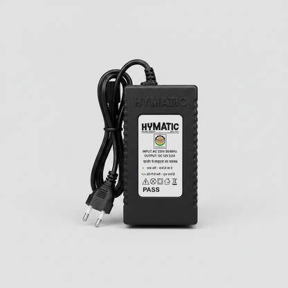 Hymatic charger for battery sprayer adapter with label on a gray background