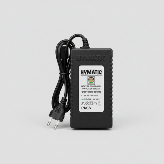 Hymatic charger for battery sprayer adapter with label on a gray background