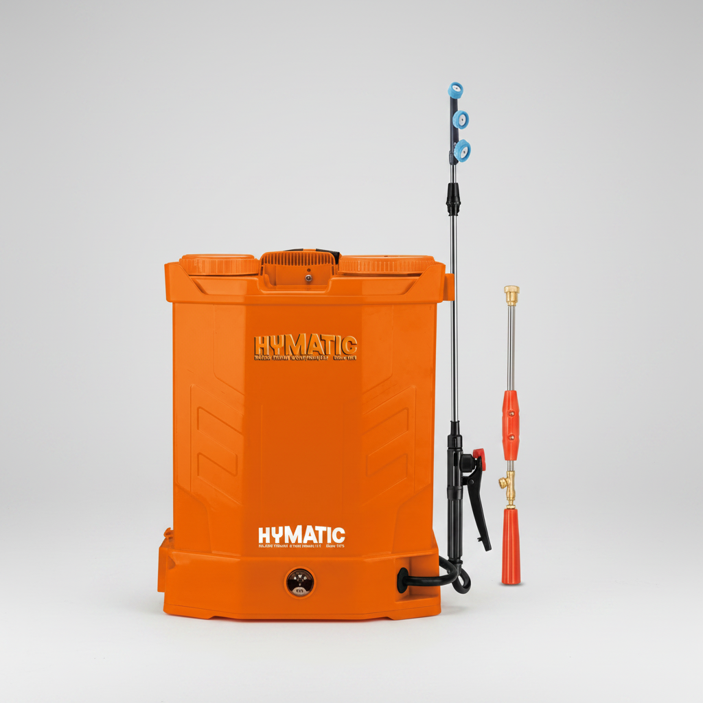 Orange Hymatic battery sprayer with attachments on a white background