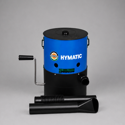 Blue hymatic hand rotary duster with black handle and exhaust on a gray background