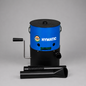 Blue hymatic hand rotary duster with black handle and exhaust on a gray background