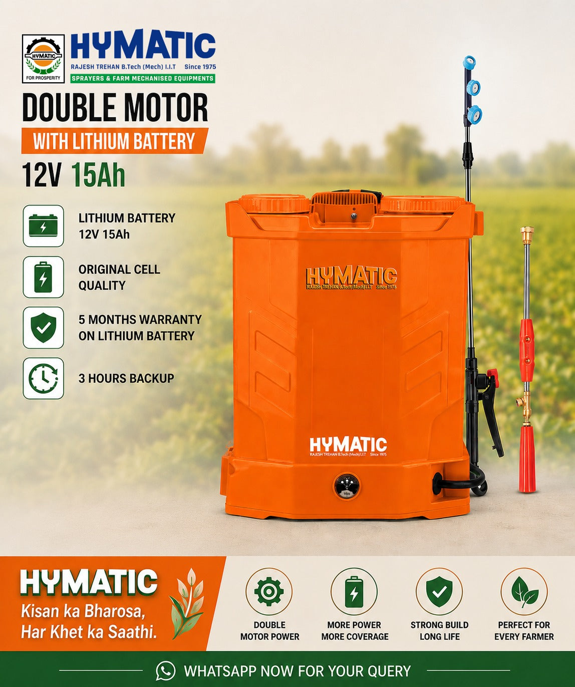 HY-805D Lithium Double Motor Battery Sprayer 12V 15AH Battery | 20 Litre Tank Capacity