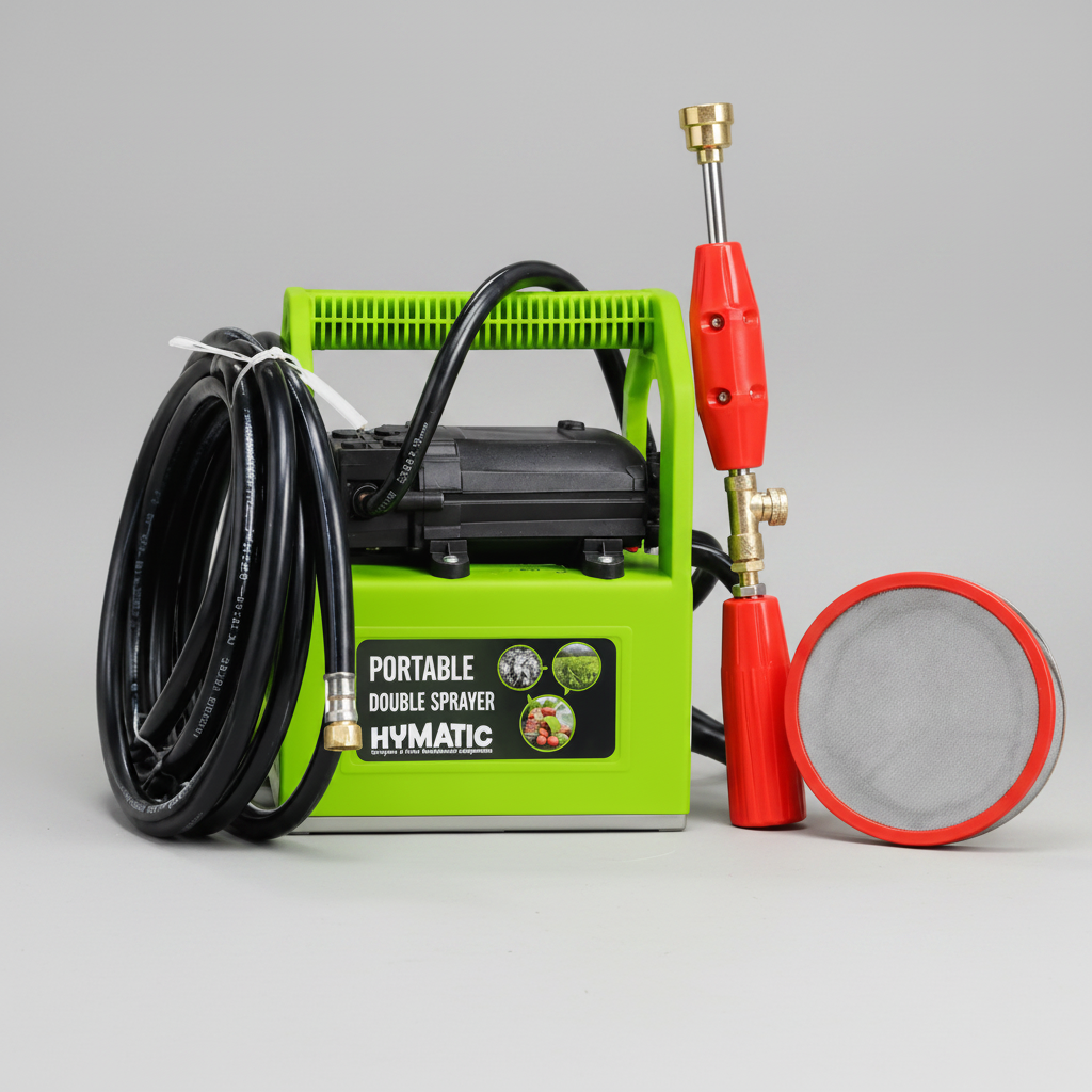 Green portable double sprayer with red accents on a gray background
