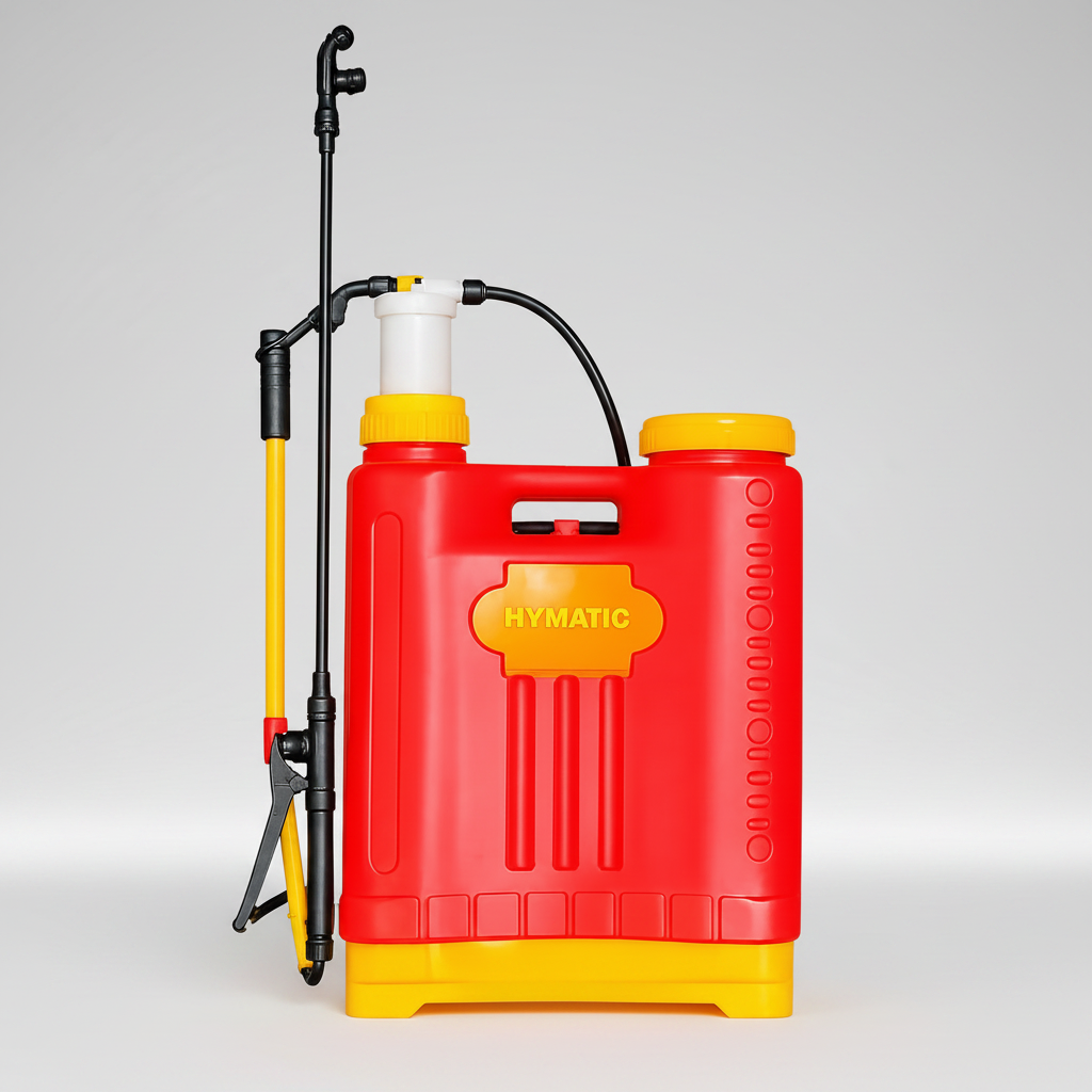 Red and yellow Hymatic knapsack sprayer on a white background