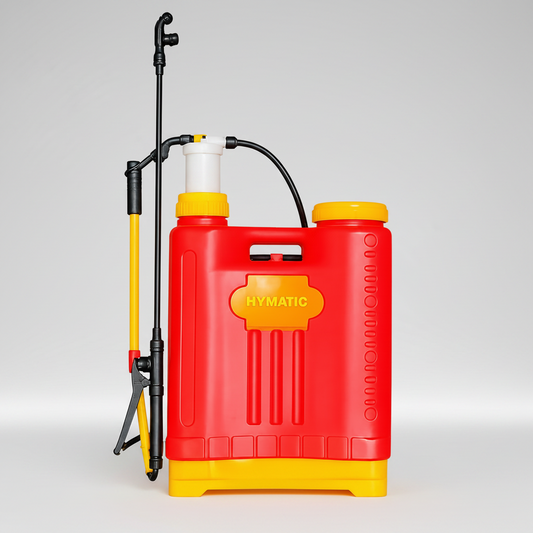 Red and yellow Hymatic knapsack sprayer on a white background