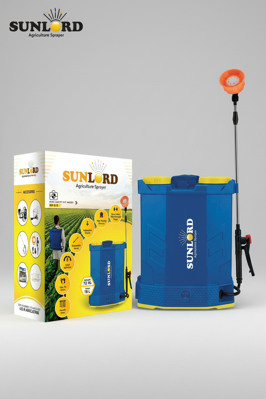 Sunlord agriculture battery sprayer with packaging on a dark background