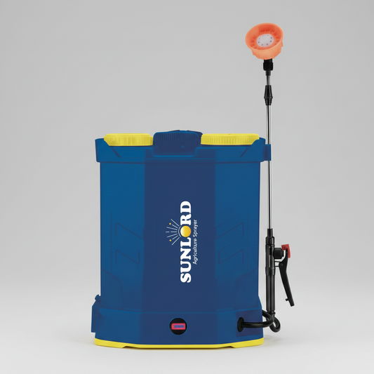 A blue and yellow Sunlord Agricultural Sprayer backpack sprayer with a long spray wand and orange spray head, shown on a plain white background.