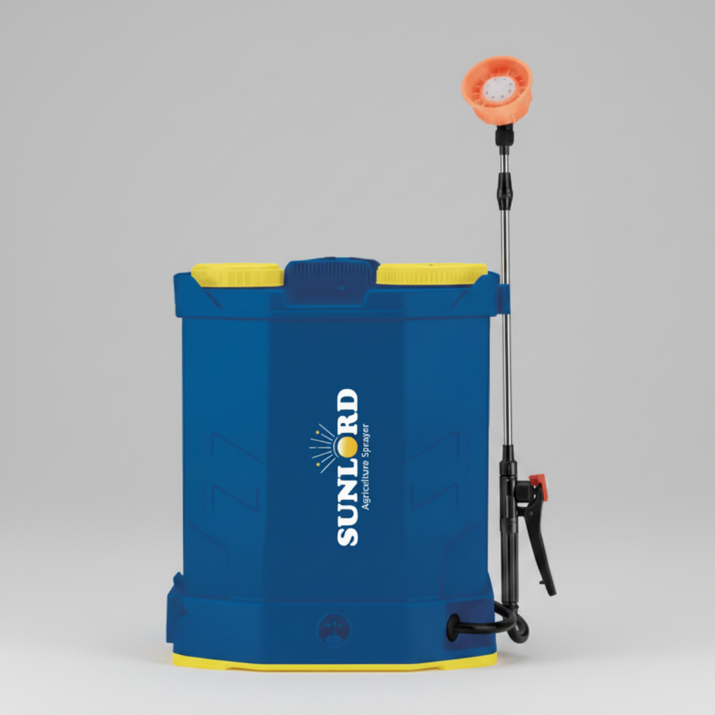 Blue sunlord battery sprayer with yellow accents and Sunlord logo on a white background
