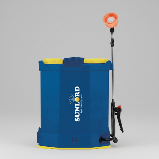 Blue sunlord battery sprayer with yellow accents and Sunlord logo on a white background

